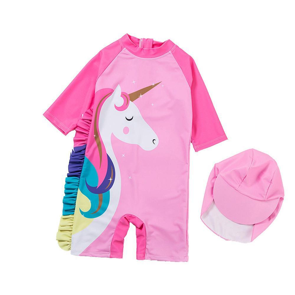 Girls One Piece Swimsuit Long Sleeve Unicorn Bathing Zip Suit with Hat - Azufun