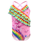 Girls One Piece Swimsuits unicorn Print Ruffle Swimwear Cross-strap sling Swimwear - Azufun