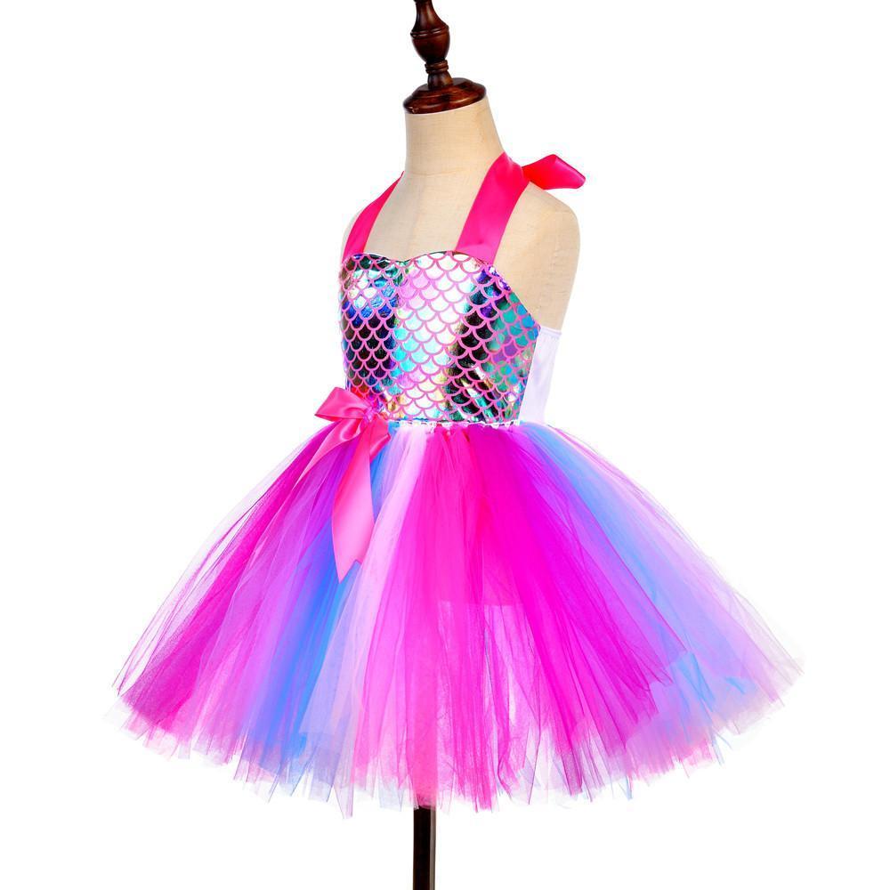 Kids Mermaid Tutu Princess Mermaid Costume Sequins Dress with Headband - Azufun