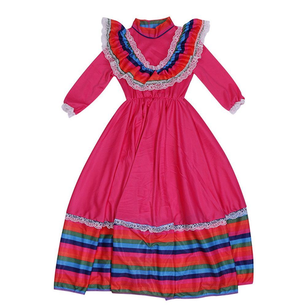 Traditional Mexican Rose Red Cosplay Costume Long Skirt Dance Halloween Party Game Dress for Girls