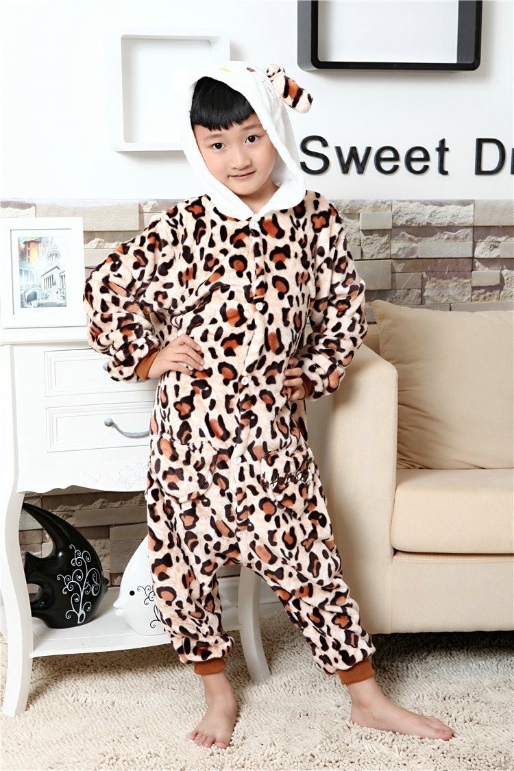 kitty Kigurumi Pajamas Kids Animal Warm Leopard Print Onesie - Azufun