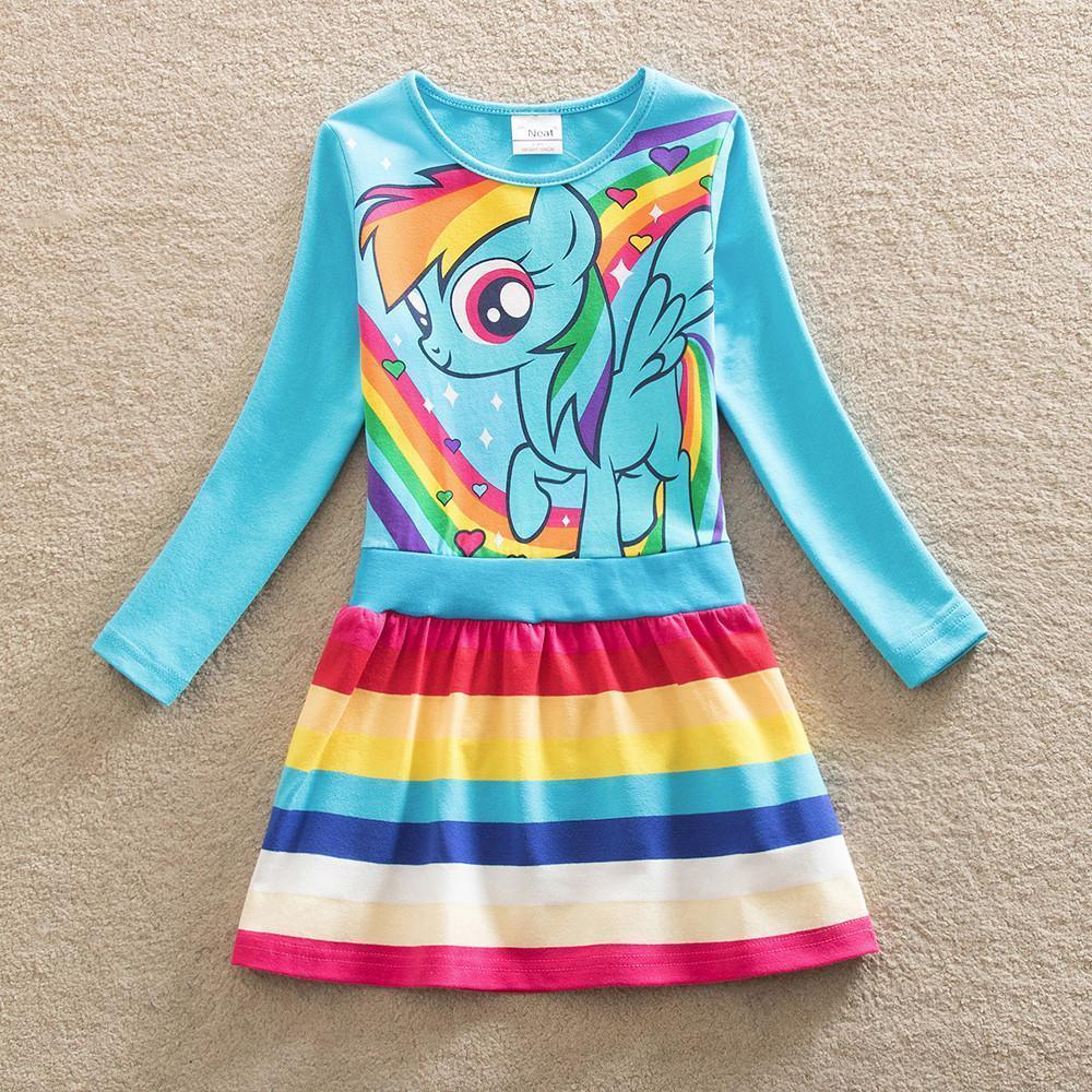 Little Girls' Dress Unicorn Striped Cartoon Rainbow Print Knee-length Long Sleeve Active Cute Dresses - Azufun