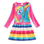 Little Girls' Dress Unicorn Striped Cartoon Rainbow Print Knee-length Long Sleeve Active Cute Dresses - Azufun