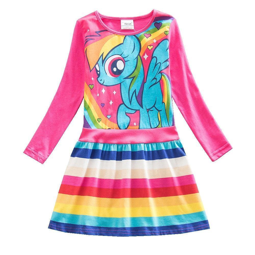 Little Girls' Dress Unicorn Striped Cartoon Rainbow Print Knee-length Long Sleeve Active Cute Dresses - Azufun