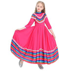 Traditional Mexican Rose Red Cosplay Costume Long Skirt Dance Halloween Party Game Dress for Girls