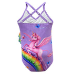 Girls One Piece Swimsuits unicorn Print Ruffle Swimwear Cross-strap sling Swimwear - Azufun