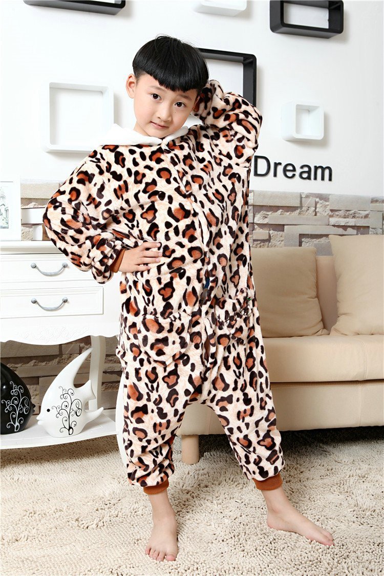 kitty Kigurumi Pajamas Kids Animal Warm Leopard Print Onesie - Azufun