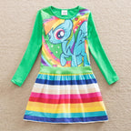 Little Girls' Dress Unicorn Striped Cartoon Rainbow Print Knee-length Long Sleeve Active Cute Dresses - Azufun