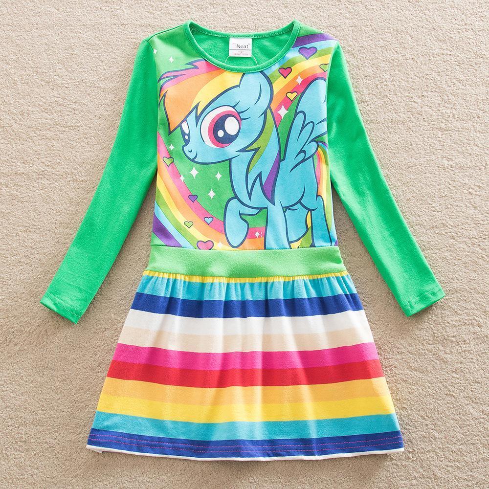 Little Girls' Dress Unicorn Striped Cartoon Rainbow Print Knee-length Long Sleeve Active Cute Dresses - Azufun