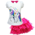 Unicorn Cartoon Mesh Tutu Dress Short Sleeve T-shirt Set for Kids - Azufun