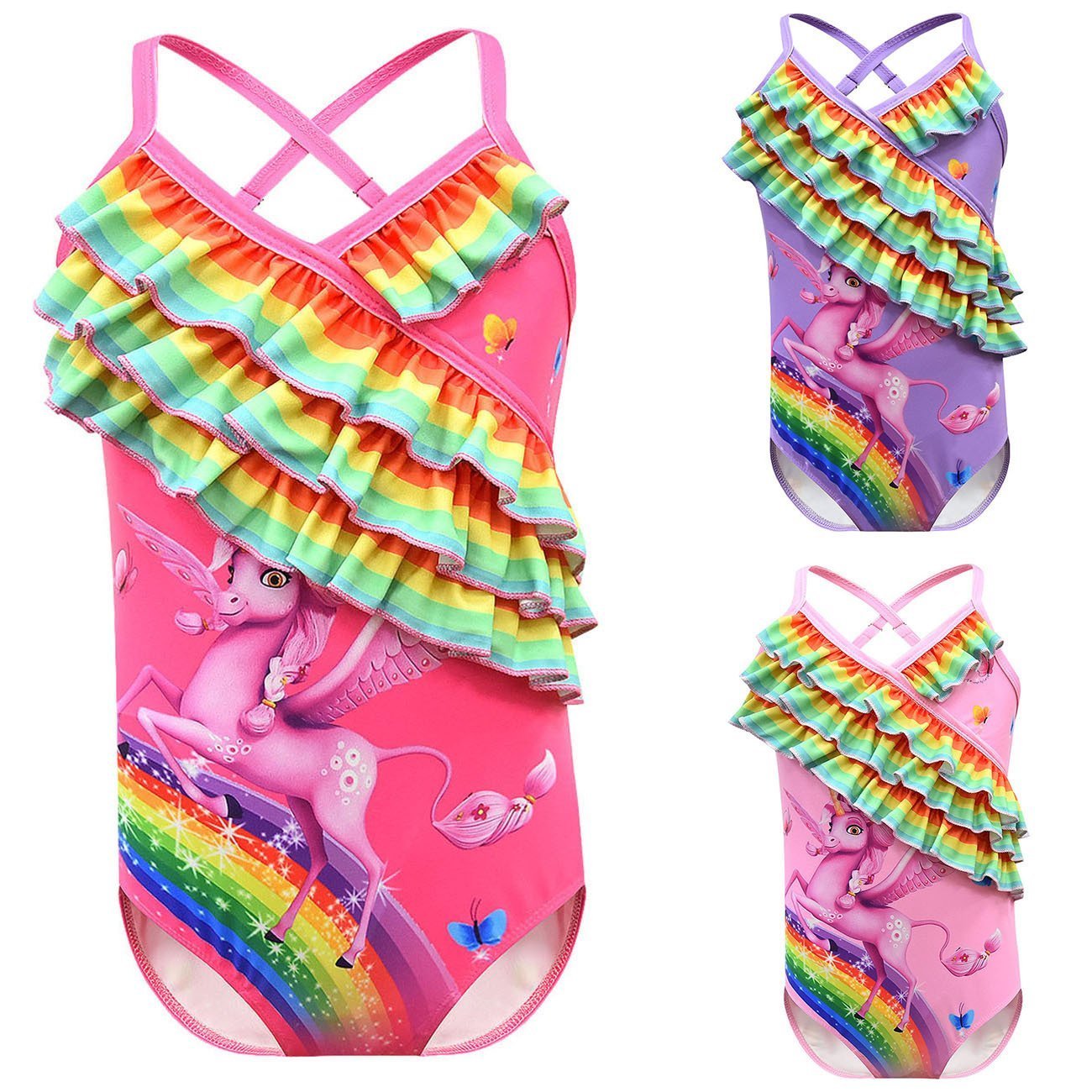 Girls One Piece Swimsuits unicorn Print Ruffle Swimwear Cross-strap sling Swimwear - Azufun