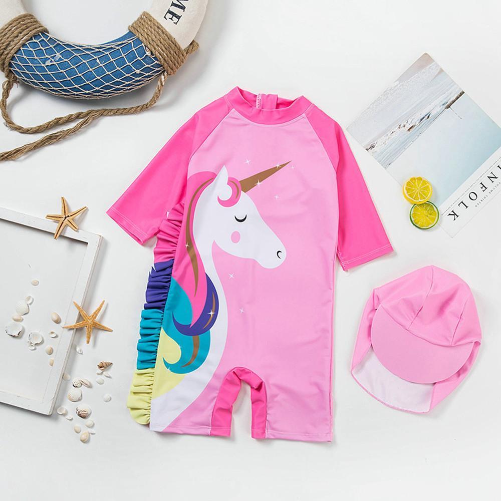 Girls One Piece Swimsuit Long Sleeve Unicorn Bathing Zip Suit with Hat - Azufun