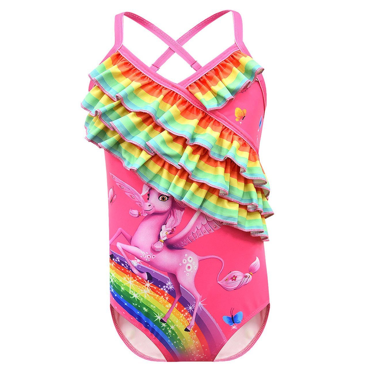 Girls One Piece Swimsuits unicorn Print Ruffle Swimwear Cross-strap sling Swimwear - Azufun