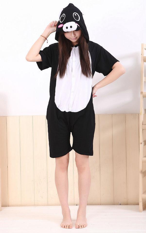 Black Pig Pajamas Animal Onesie Hoodie Kigurumi Short Sleeve - Azufun