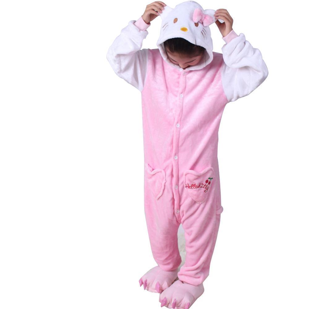 Kids Hello Kitty Cat Kigurumi Onesie Pajamas Flannel Costume - Pajamasbuy