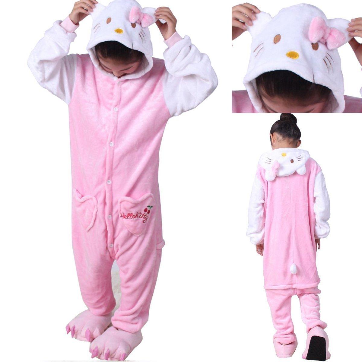 Kids Hello Kitty Cat Kigurumi Onesie Pajamas Flannel Costume - Pajamasbuy