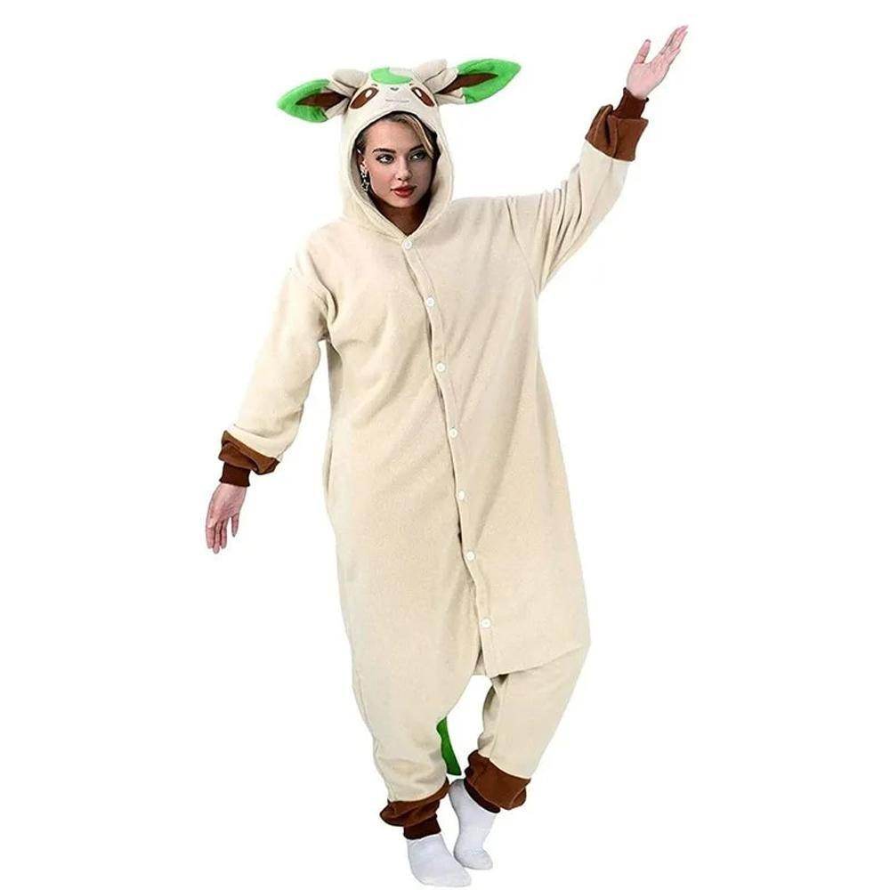 Pokemon Leafeon Kigurumi Onesies Costume Cozy Cartoon Fleece Pajamas - Azufun
