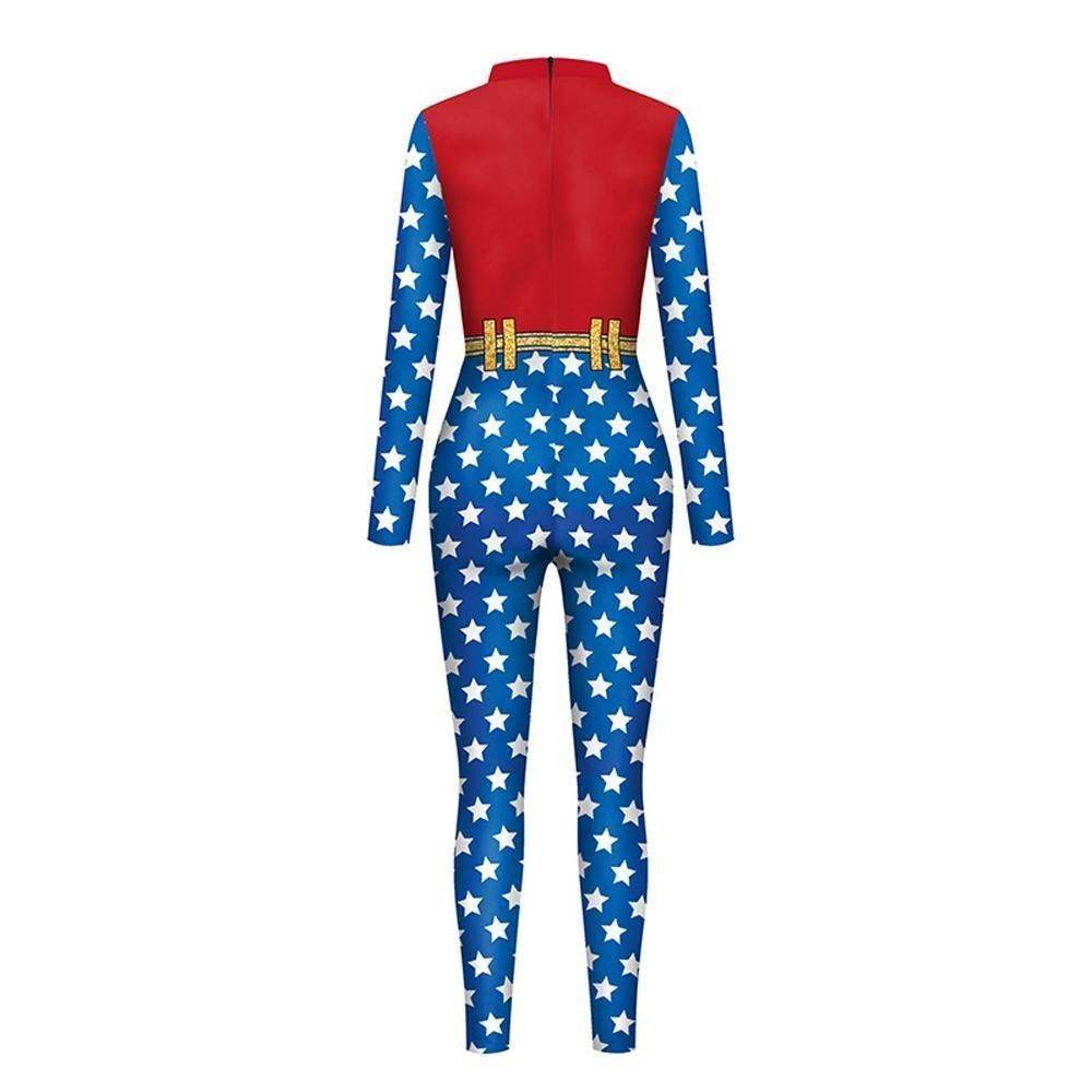 Superhero Wonder Woman Cosplay Costume Halloween Printed Jumpsuit Slim Fit Long Sleeve Party Outfit for Women - Azufun