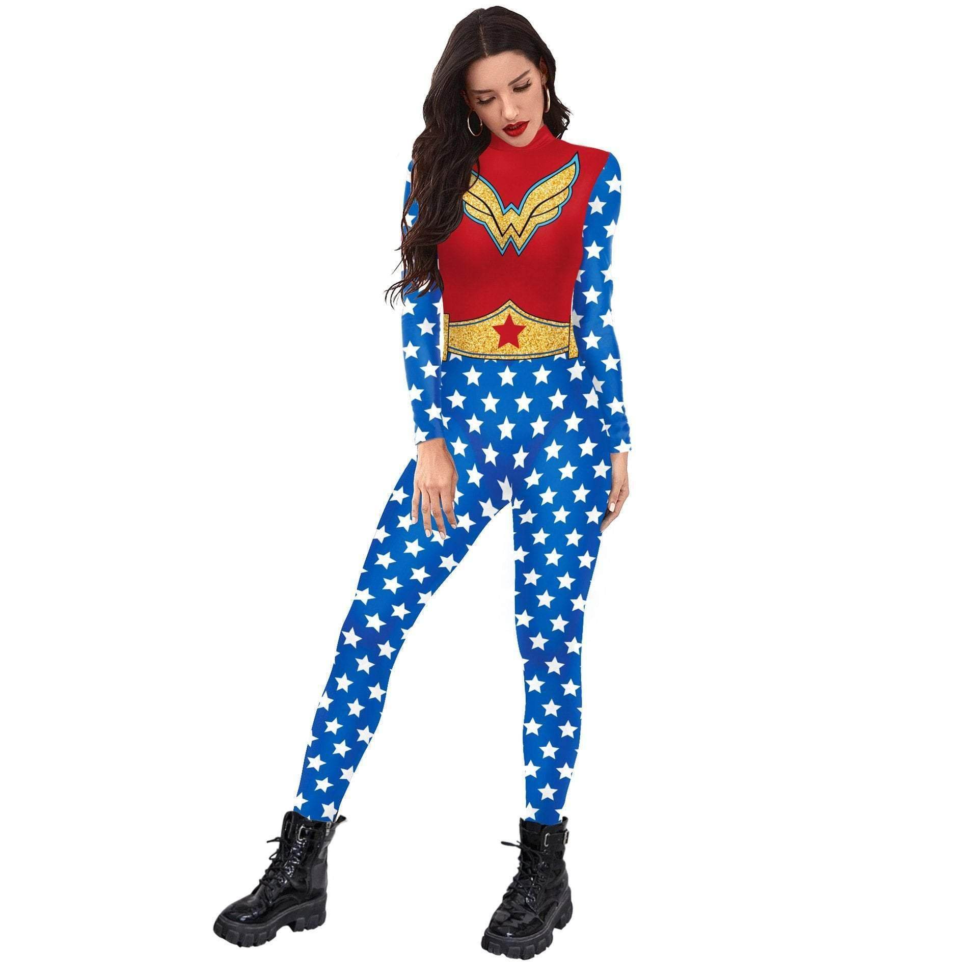 Superhero Wonder Woman Cosplay Costume Halloween Printed Jumpsuit Slim Fit Long Sleeve Party Outfit for Women - Azufun