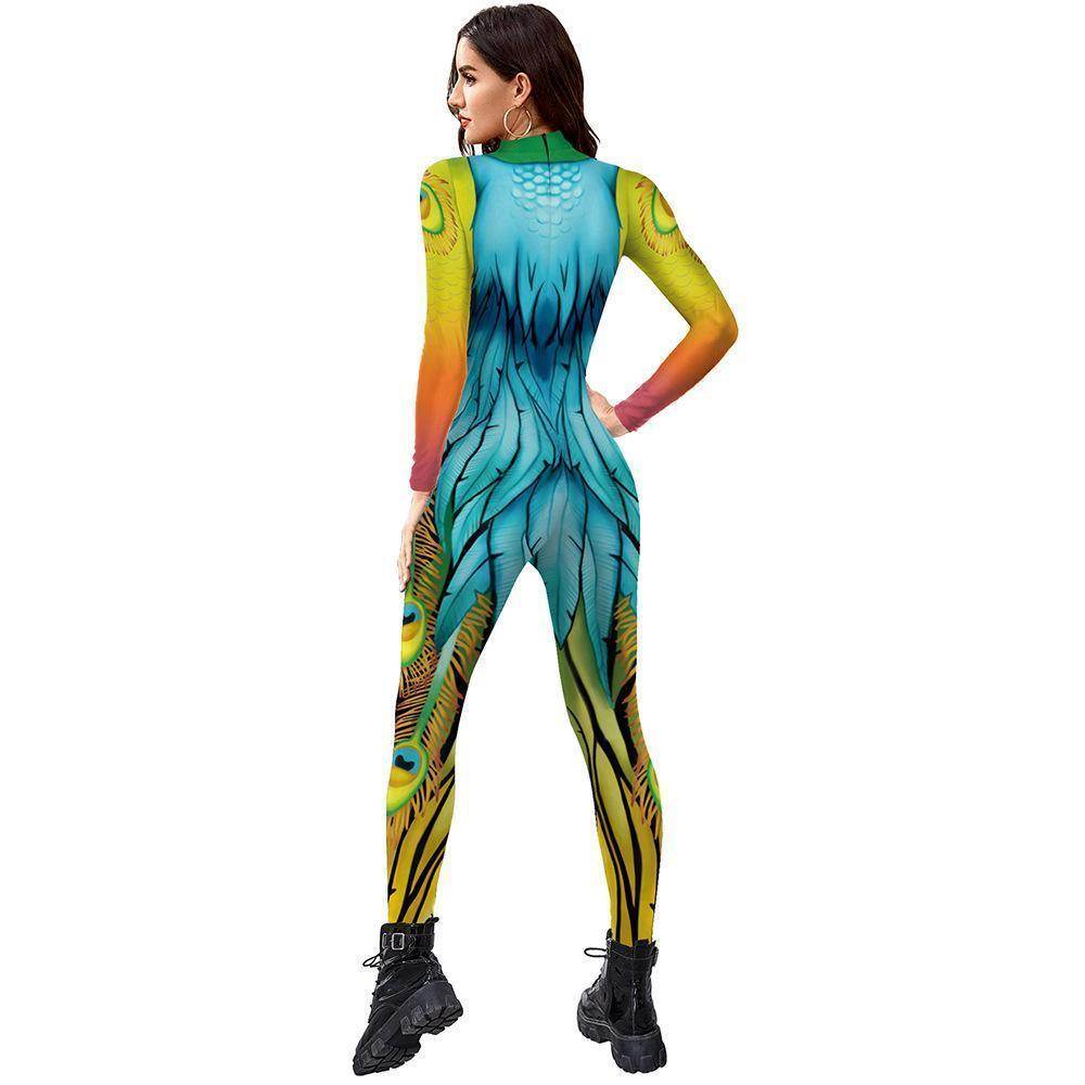 Womens Halloween Costumes Cosplay Peacock Print Jumpsuit Slim Fit Long Sleeve Catsuit Party Outfit - Azufun